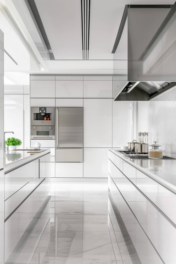 Sleek high-gloss white kitchen cabinets outfitted with contemporary stainless-steel handles.