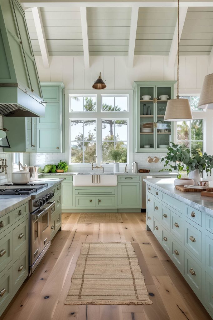 A light-filled coastal kitchen with seafoam green cabinets and nautical decor.