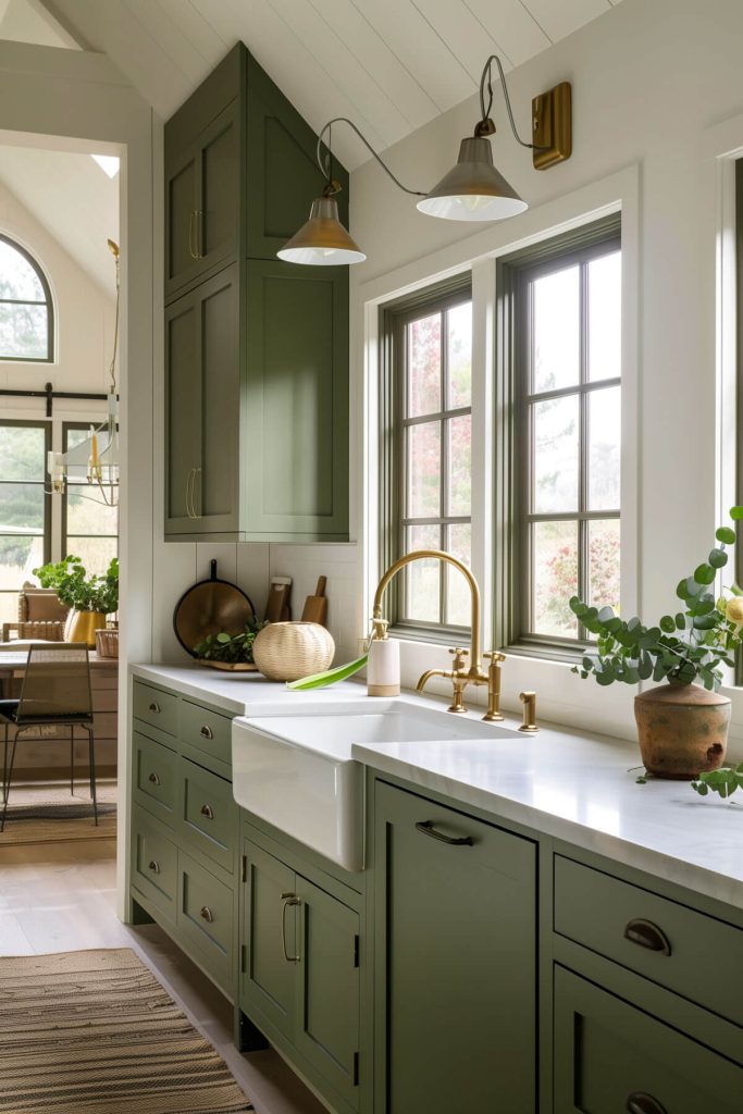 An open-concept kitchen with olive green cabinets against bright white walls.