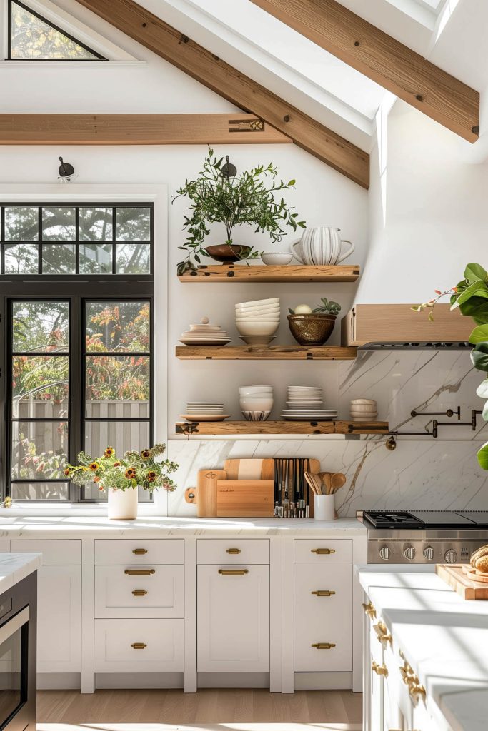 Minimalist white kitchen cabinets with chic floating wooden shelves for an open feel.