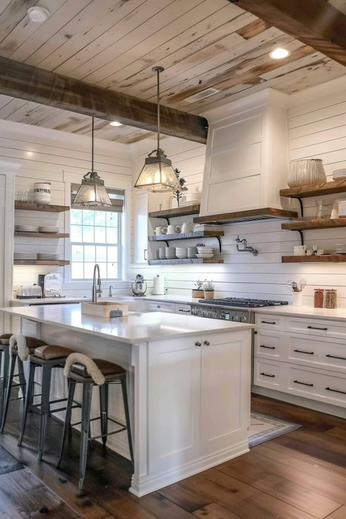 Cozy farmhouse kitchen with shiplap walls creating a texture-rich backdrop for modern amenities.