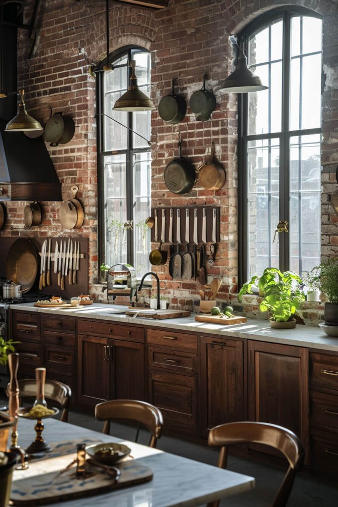 Antique utensil decor, including copper pots and aged wooden spoons, adding character to a farmhouse kitchen.