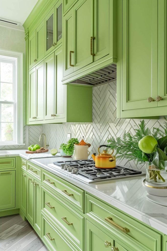 A vibrant kitchen with apple green cabinets and a grey chevron tile backsplash.