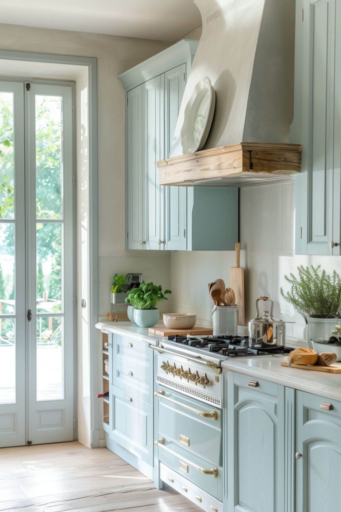 Soft pastel-toned kitchen cabinets in a bright and airy kitchen setting, complemented by light wood floors and white decor.