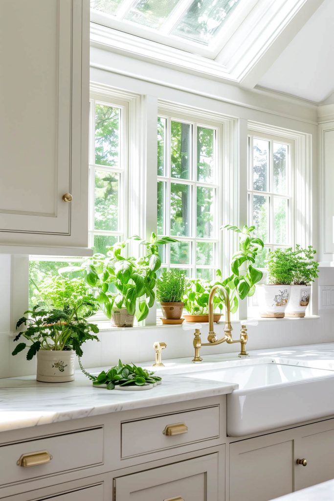 White kitchen cabinetry framing a sunlit window with an integrated herb garden.