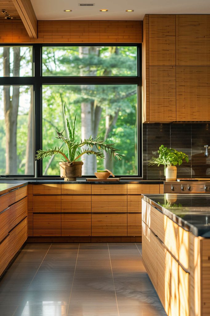 Eco-friendly kitchen with recycled glass countertops and bamboo cabinets.
