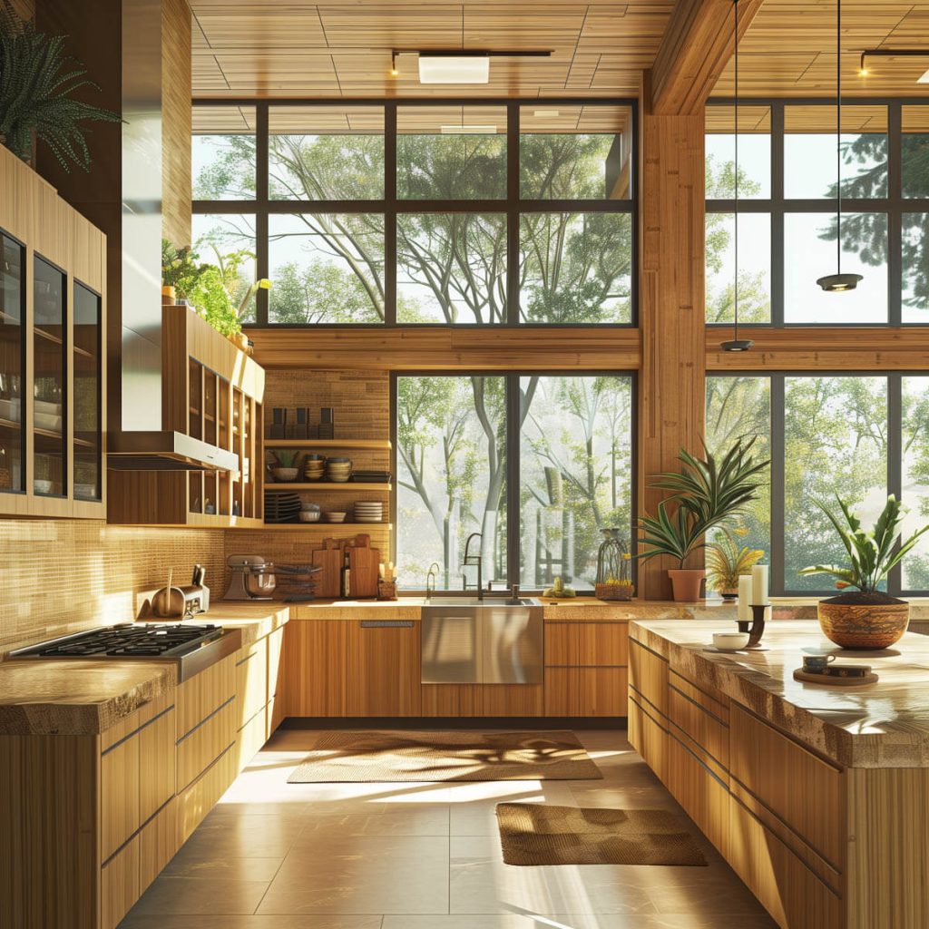 Eco-friendly kitchen with recycled glass countertops and bamboo cabinets.