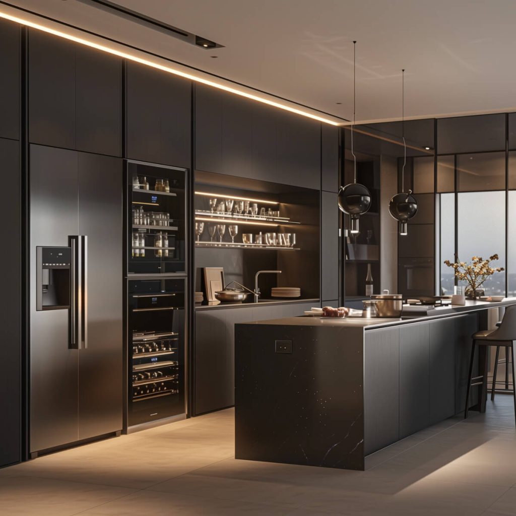 Modern kitchen with AI-powered smart appliances.