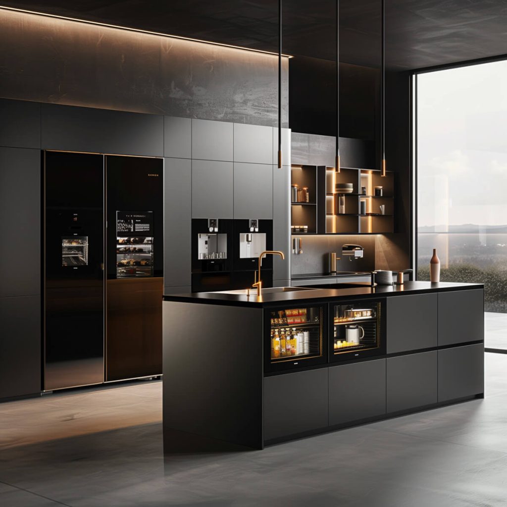 Modern kitchen with AI-powered smart appliances.