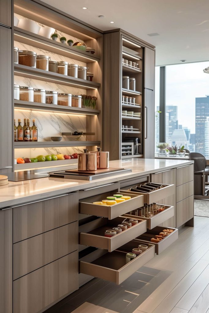 Kitchen with integrated storage solutions, like pull-out pantries.