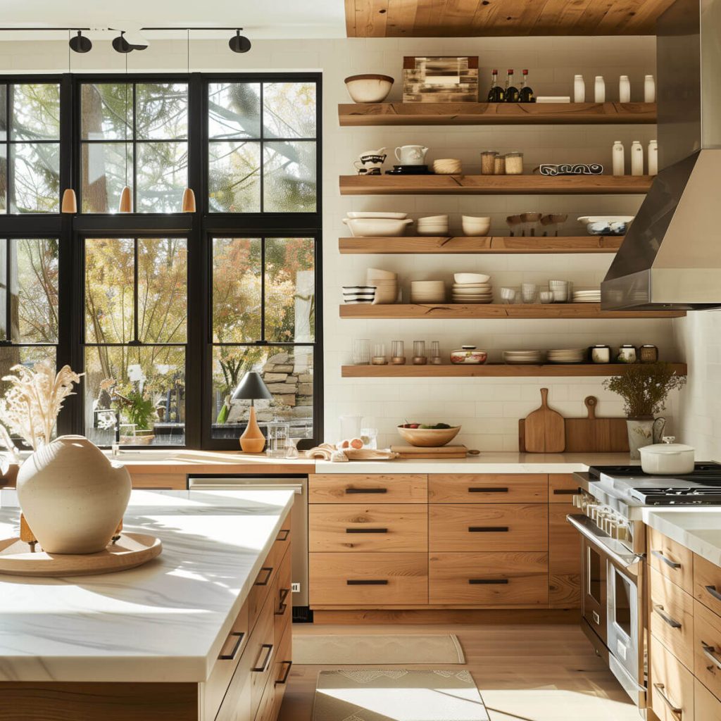 Kitchen with open shelving displaying decorative items.