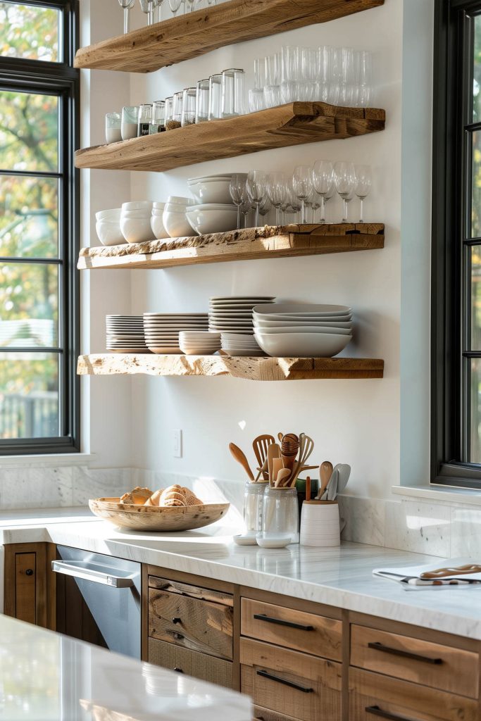 Kitchen with open shelving displaying decorative items.