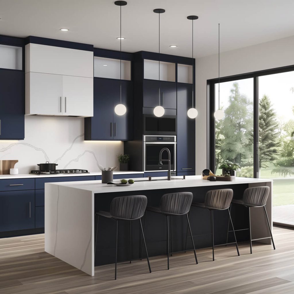 Kitchen with dual-tone cabinetry in navy and white.