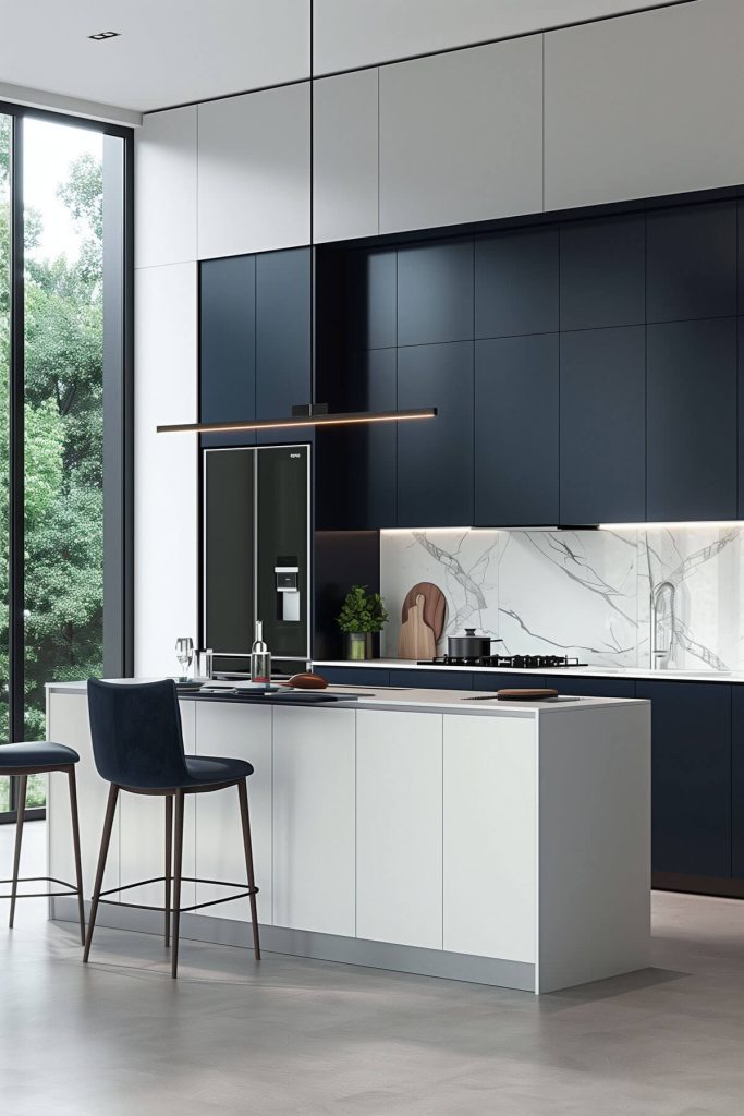 Kitchen with dual-tone cabinetry in navy and white.