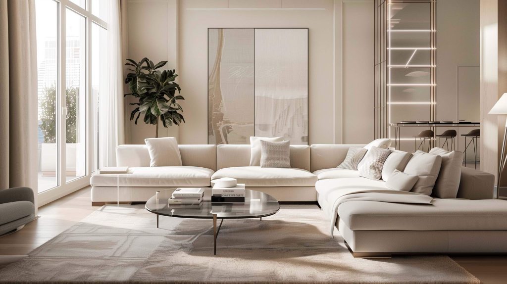 neutral colored living room sofa and table