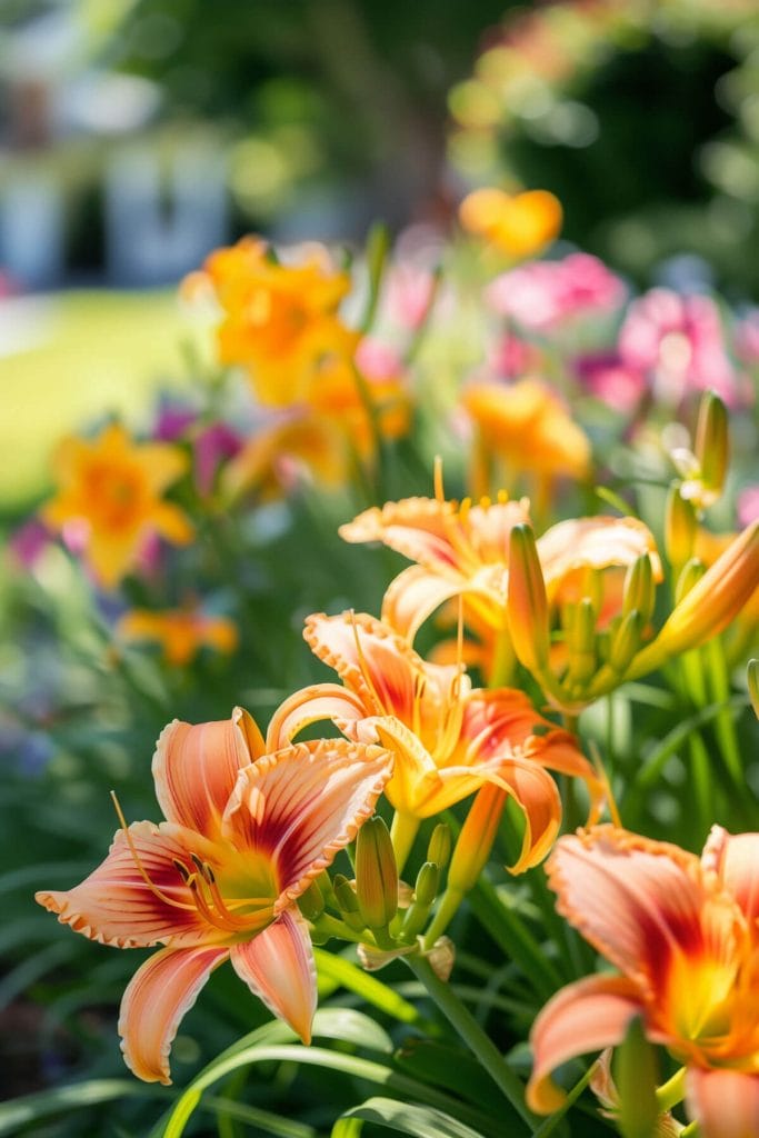 A vibrant display of orange daylilies, thriving in full sun to partial shade, adding a splash of color to a garden bed.