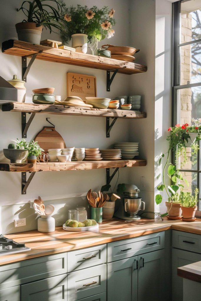 A kitchen featuring soft sage green cabinets complemented by rustic wooden floating shelves.