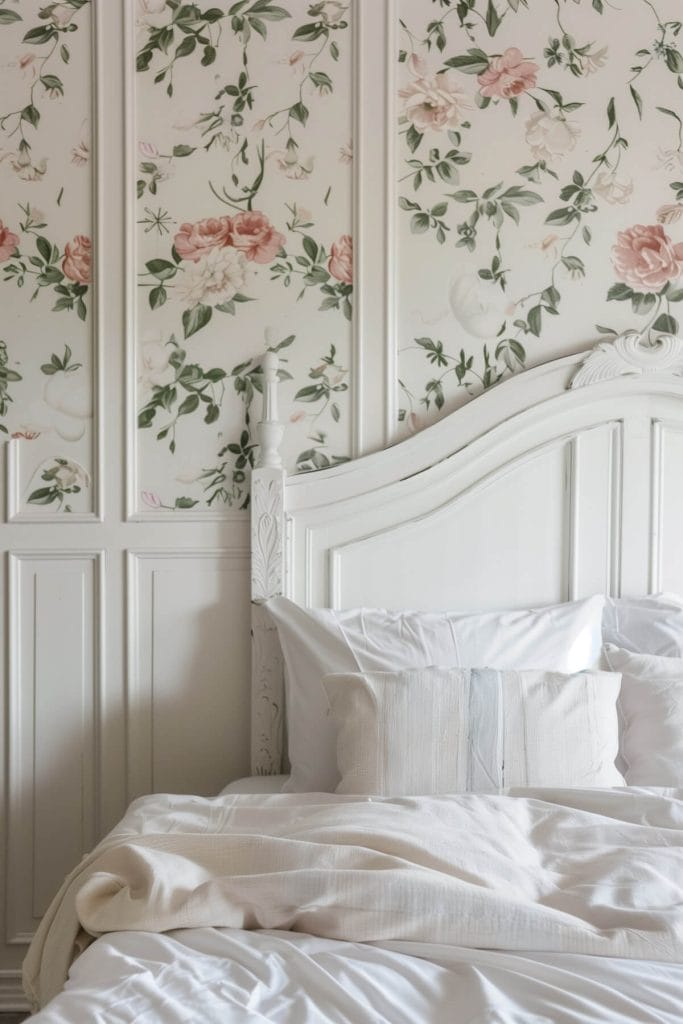 A bedroom with delicate vintage floral wallpaper adding a touch of timeless elegance to the walls.