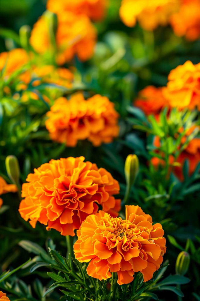 Vibrant marigolds with bright orange and yellow petals, set against lush green foliage.
