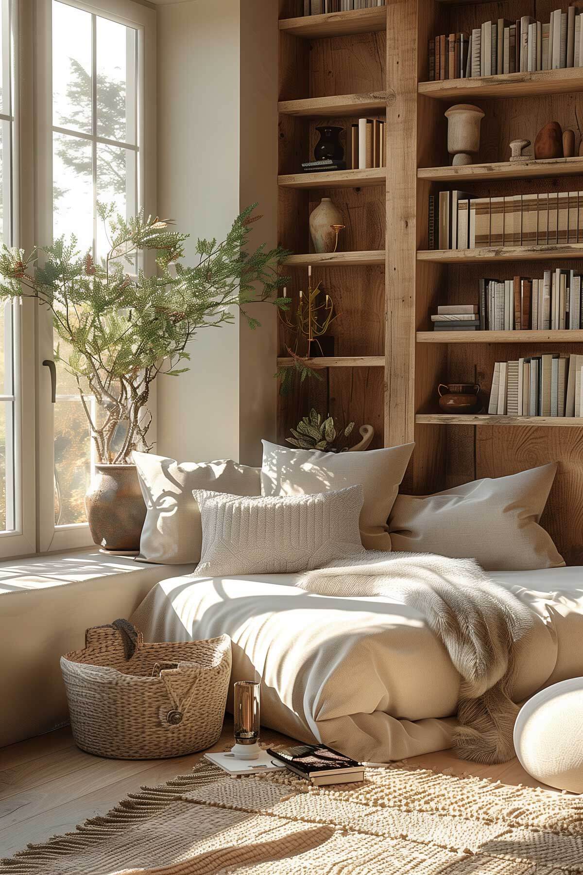 Natural elements like wood, stone, and plants creating a connected feel in the library.