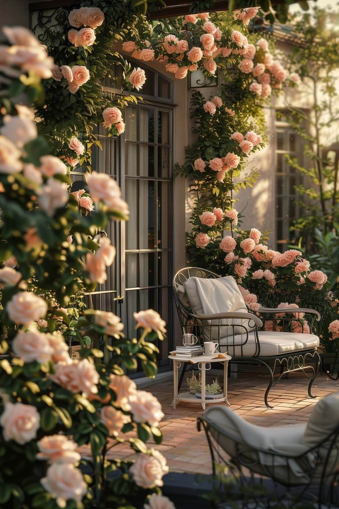 A charming rose garden with various types of roses, including climbing and bush roses, surrounding a wrought iron bench.