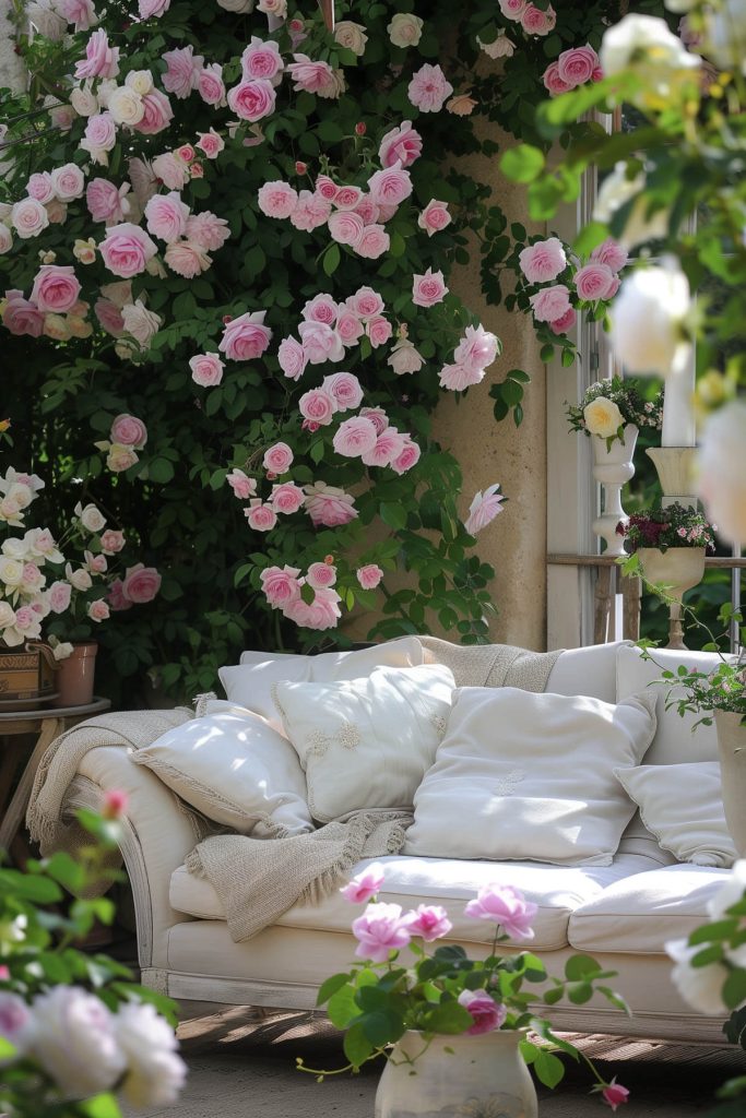 A charming rose garden with various types of roses, including climbing and bush roses, surrounding a wrought iron bench.