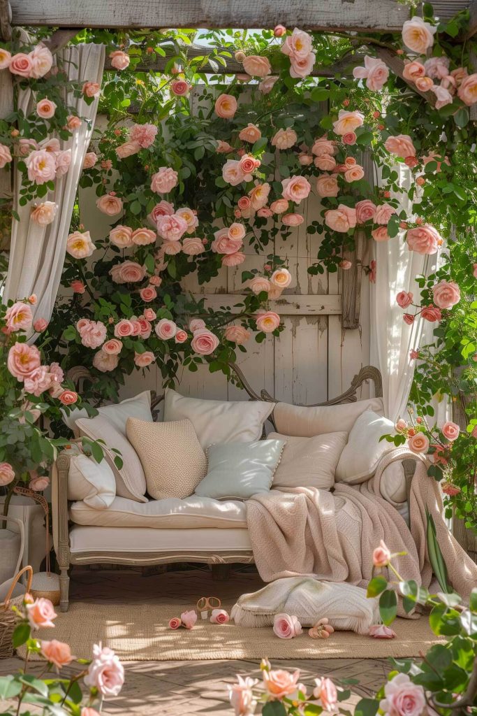 A charming rose garden with various types of roses, including climbing and bush roses, surrounding a wrought iron bench.