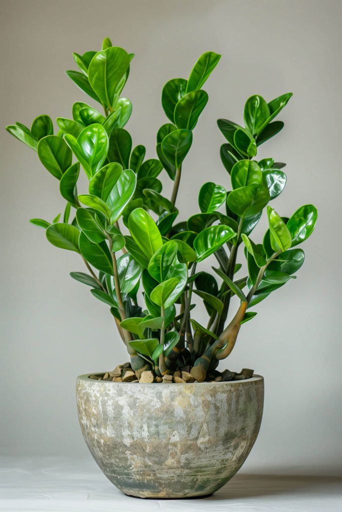 Ultra-realistic photograph of a ZZ Plant with shiny, waxy leaves in a modern indoor setting.