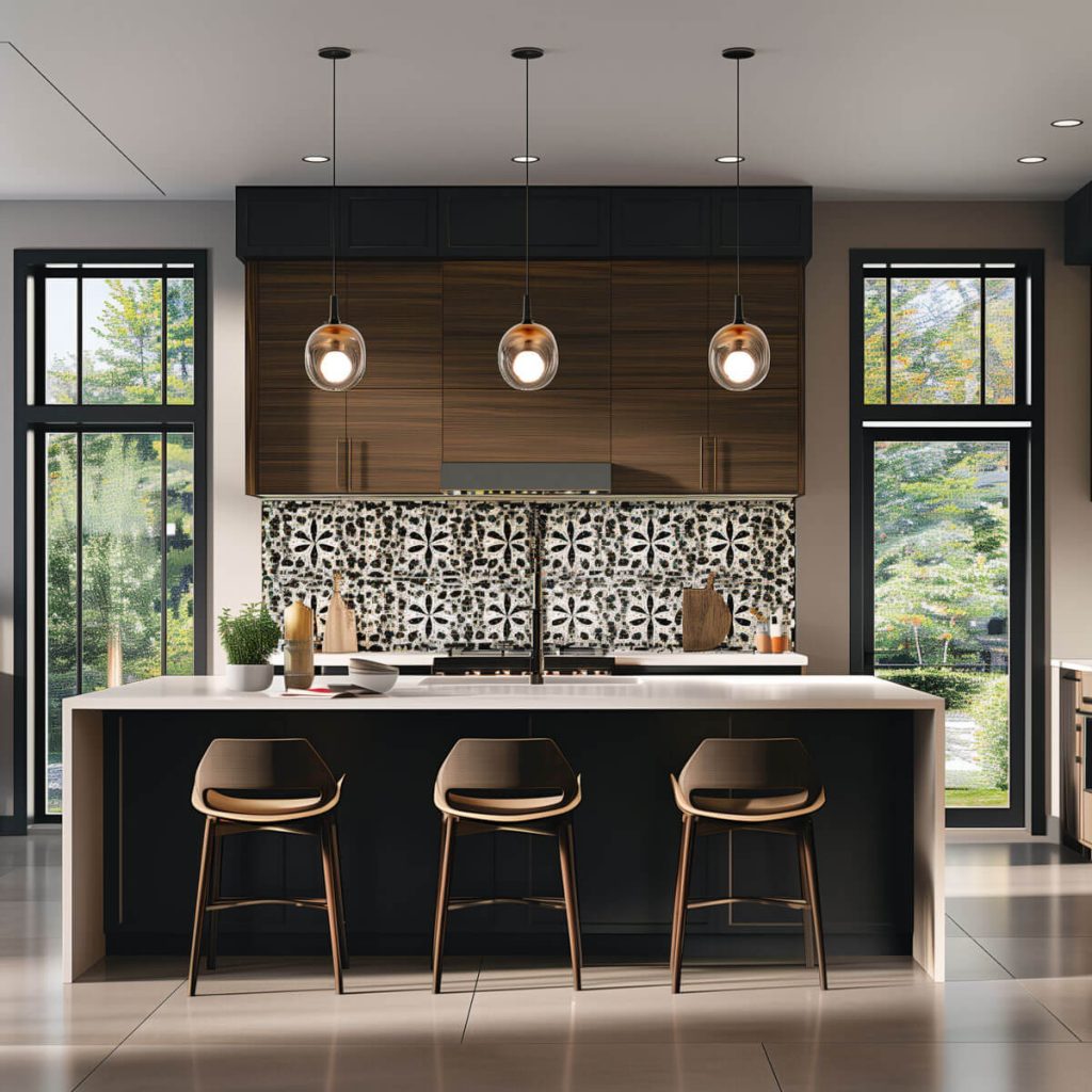 Kitchen with bold geometric tile backsplash.
