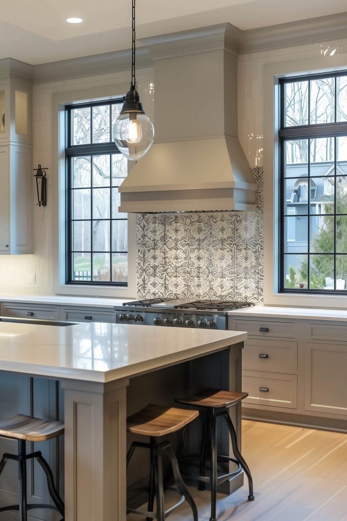 Kitchen with bold geometric tile backsplash.