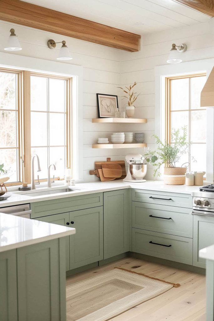  Sage green cabinets matched with light wood accents and minimalist hardware in a Scandinavian-inspired kitchen.