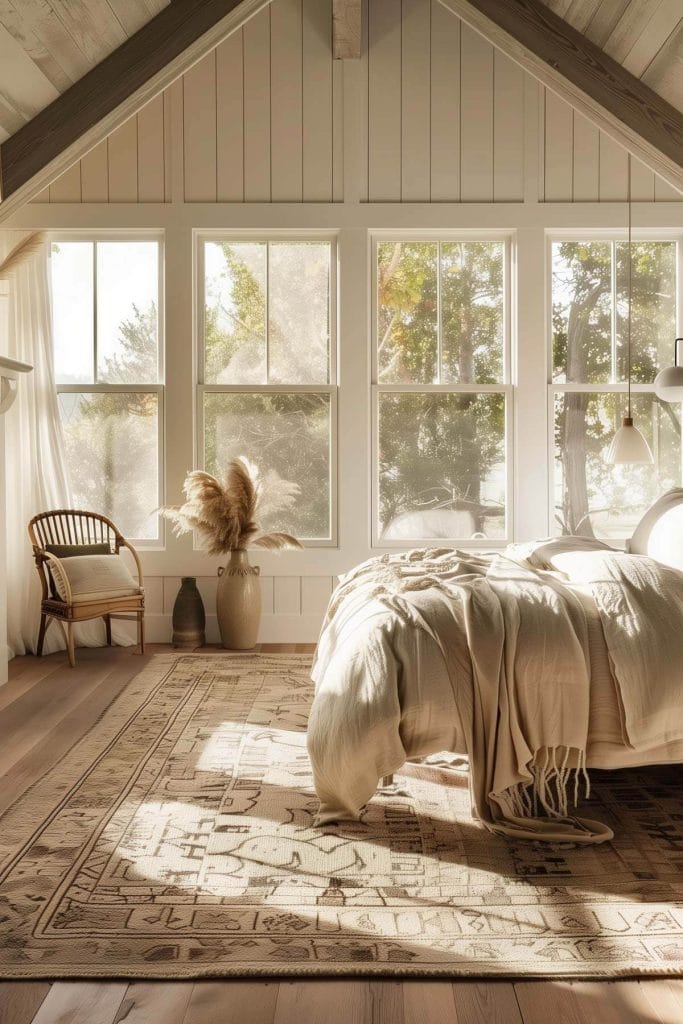 Soft woven rugs placed on the floor adding comfort and a cozy feel to a bedroom.