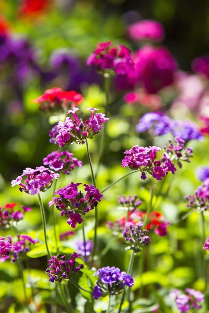 Clusters of small, brightly colored verbena flowers in a sunlit garden.