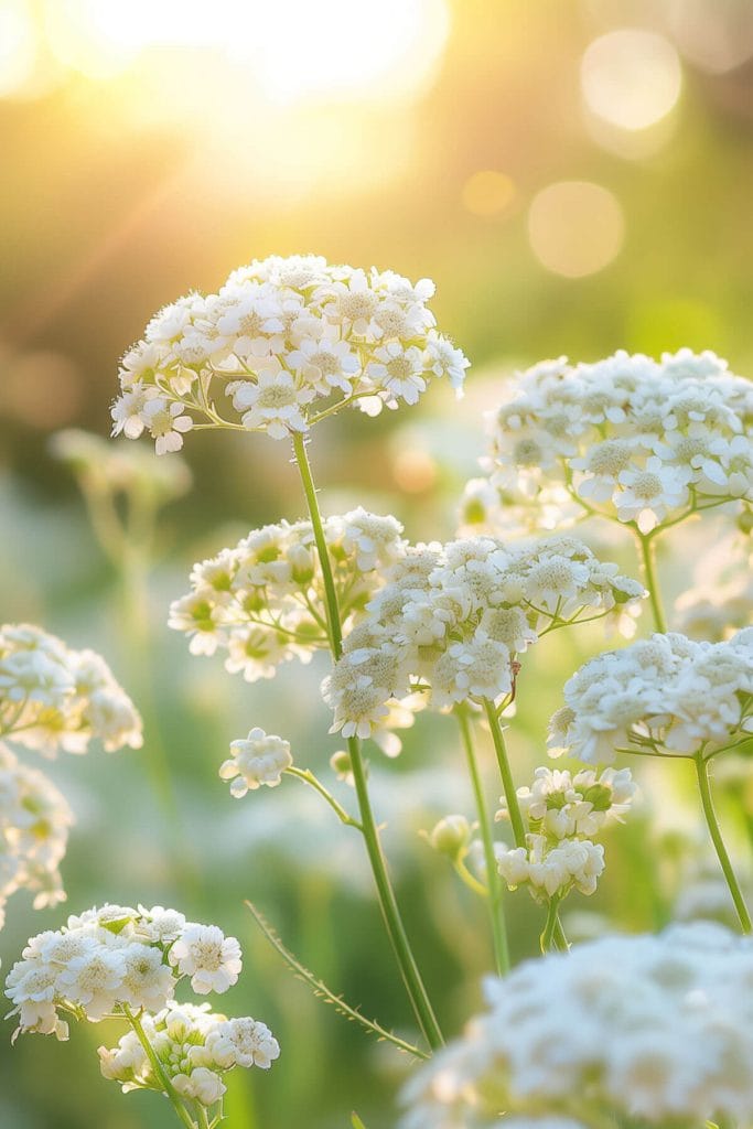 Flat-topped clusters of yarrow flowers in white, blooming in a sunny garden, adding a wildflower look.