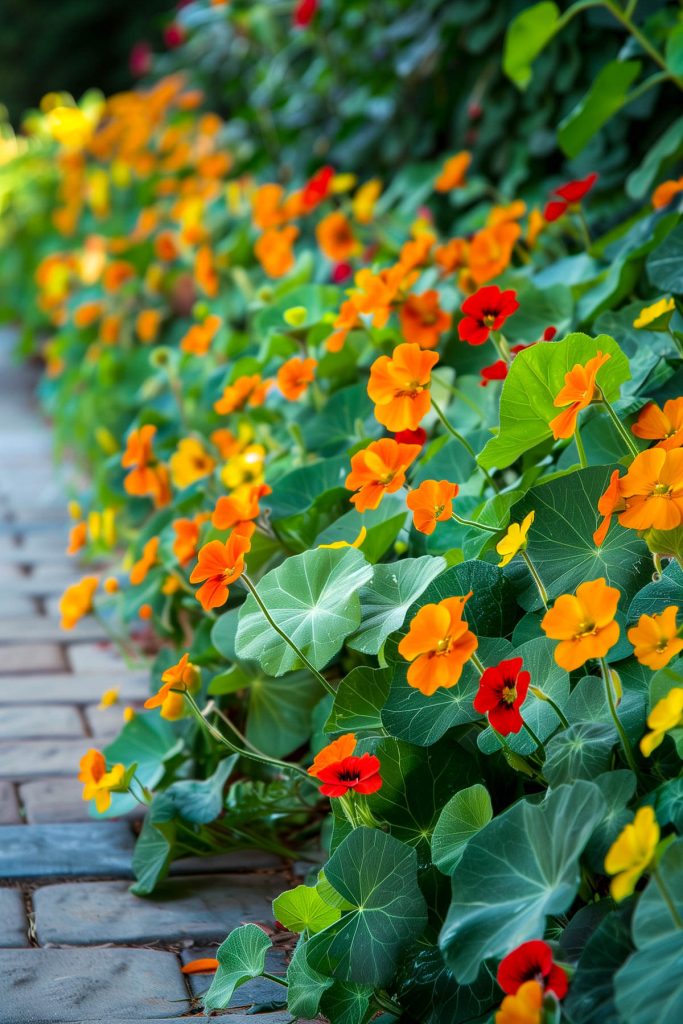 Vibrant nasturtiums growing along a garden path, their bright orange and yellow flowers contrasting with green leaves.