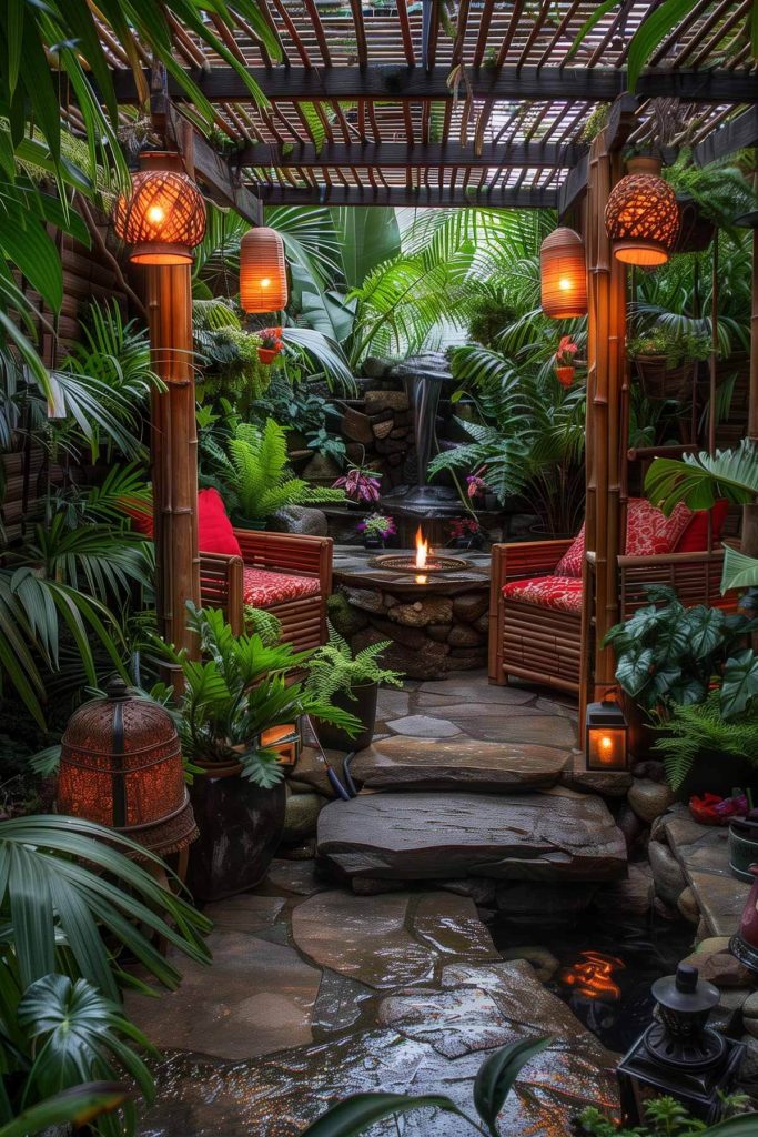 A tropical garden corner with palms, ferns, orchids, and a tiki statue.