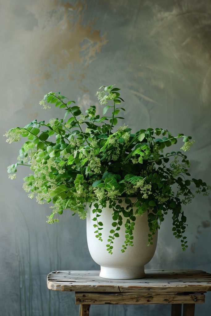 Ultra-realistic photograph of a Boston Fern with delicate, feathery fronds in a humid indoor environment.