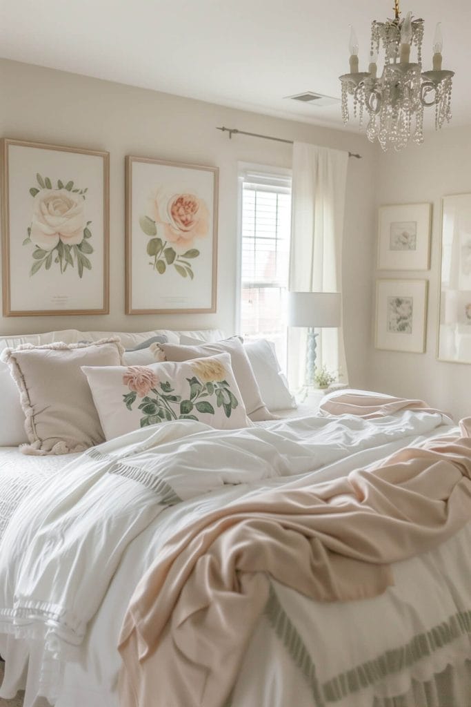 Art prints that capture the essence of cottagecore adding a personalized touch to a bedroom.