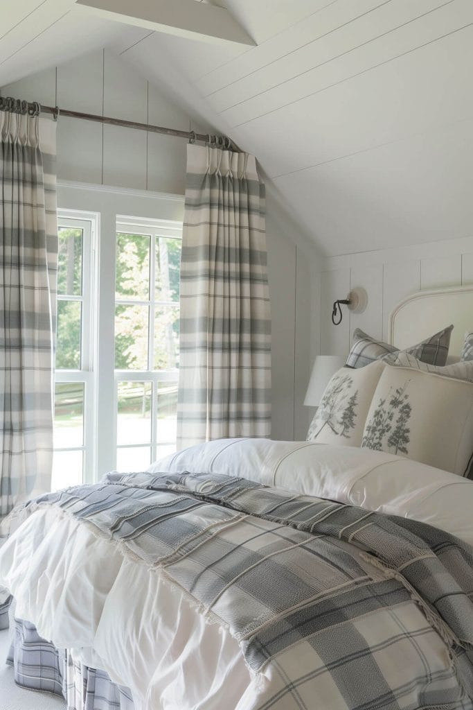 Plaid curtains hung in a bedroom adding a cozy, country-inspired look.