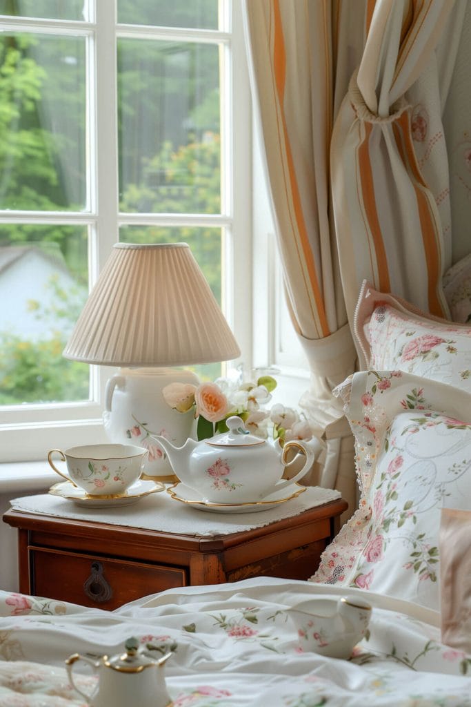 A vintage tea set displayed on a shelf or dresser adding a touch of elegance to a bedroom.