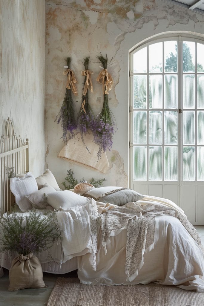 Dried herb bundles hung in a bedroom adding a natural scent and rustic decor.