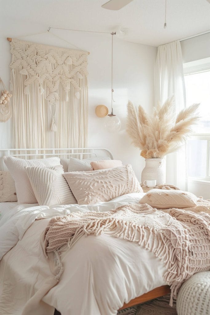 A macrame wall hanging adding a boho touch and textured decor to a bedroom.