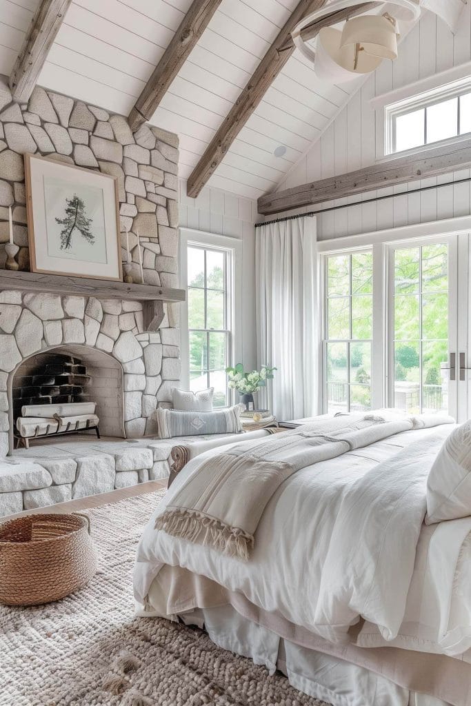 A small stone fireplace or electric heater adding warmth and a rustic element to a bedroom.