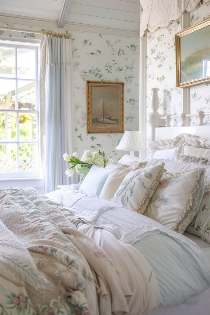 Floral-patterned bedding adding a fresh, garden-inspired look to a bedroom.