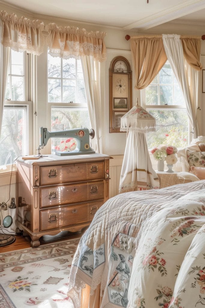 An antique sewing machine displayed adding a touch of history and craftsmanship to a bedroom.