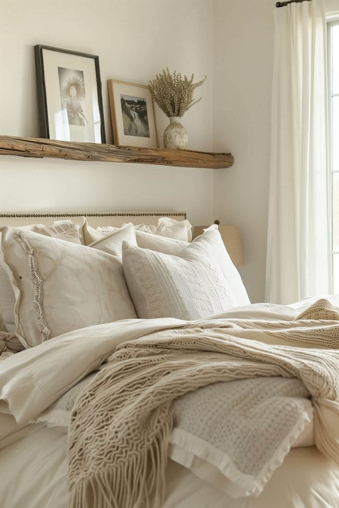 A rustic picture ledge displaying photos and artwork adding a cozy and personalized touch to a bedroom.