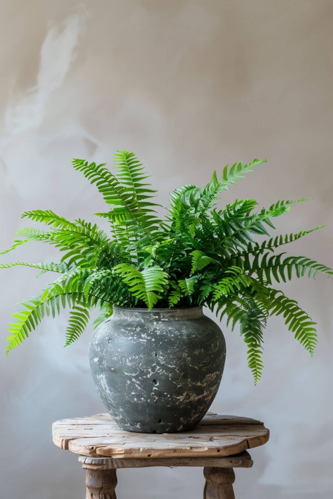 Ultra-realistic photograph of a Boston Fern with delicate, feathery fronds in a humid indoor environment.