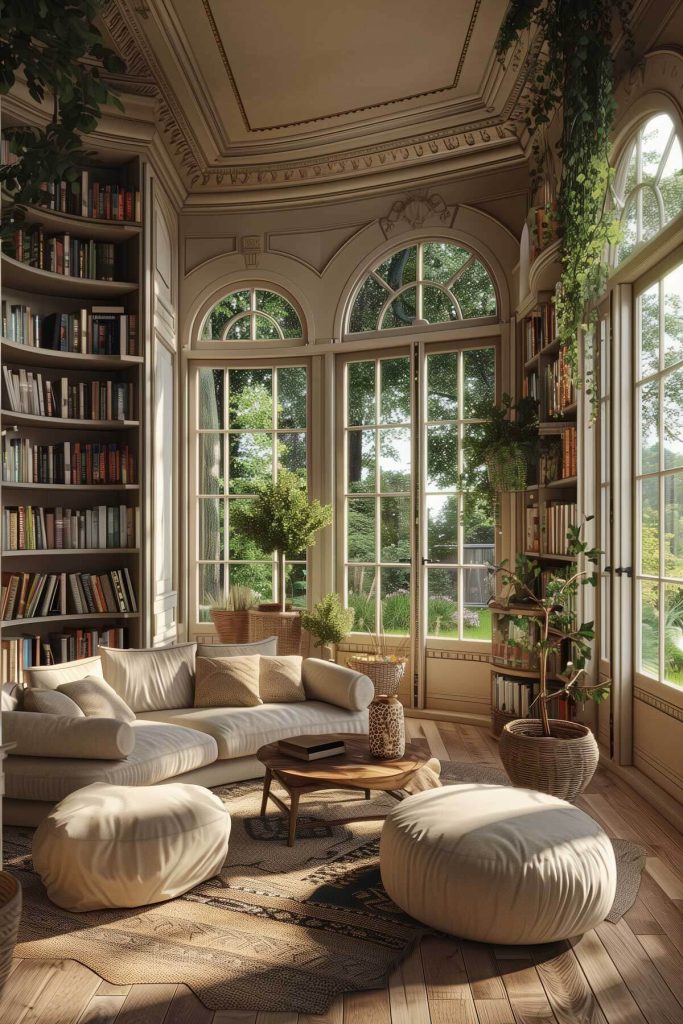 Outdoor library with weather-resistant shelves and comfortable seating in a garden or patio area.