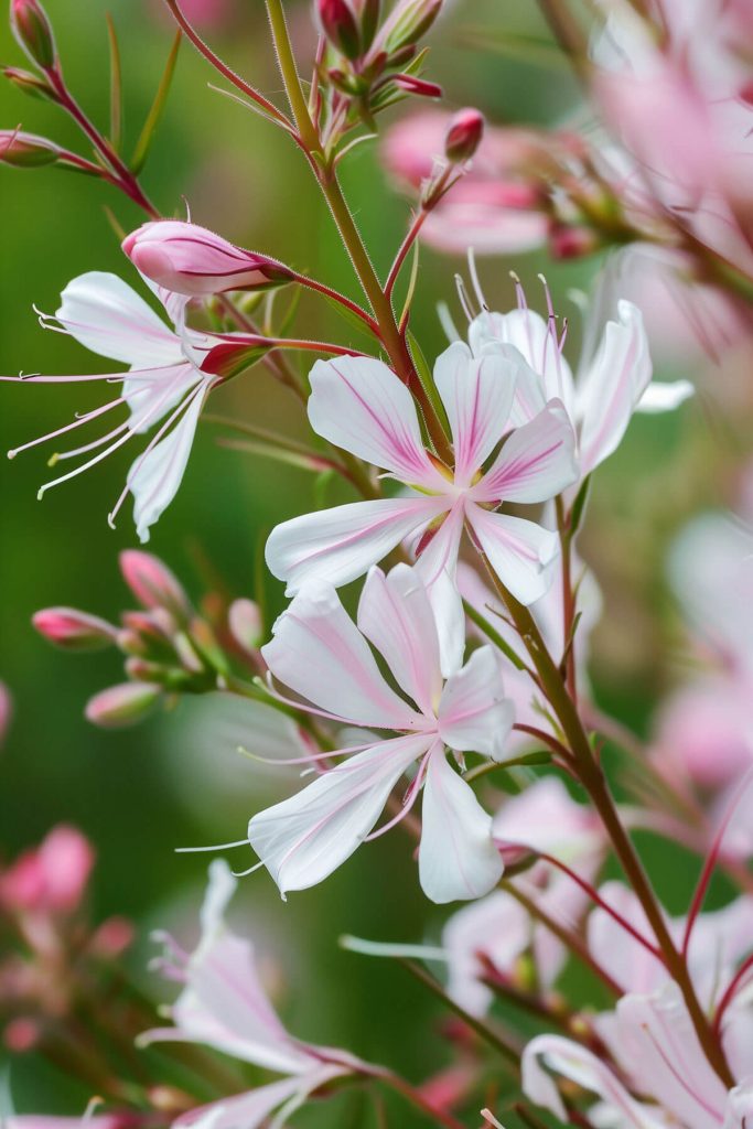 Delicate gaura flowers with butterfly-like white or pink petals against green foliage.