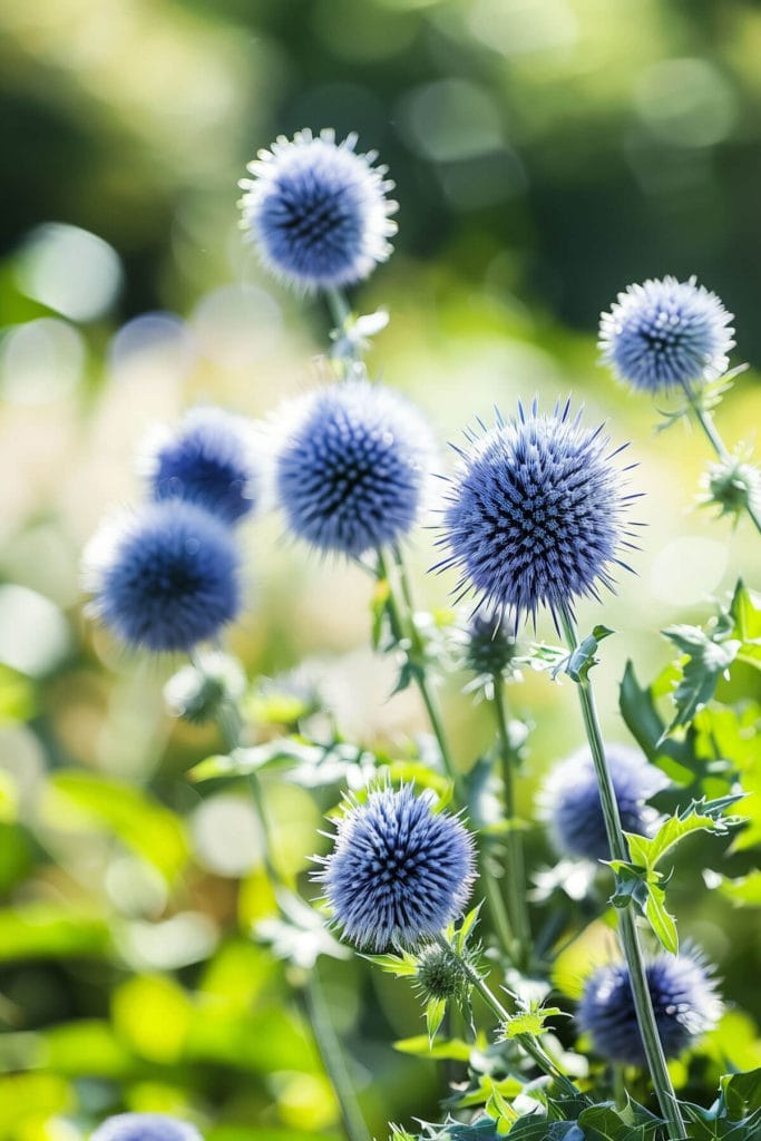 Spiky, globe-shaped echinops flowers in shades of blue and white blooming in a sunny, well-drained garden, adding unique texture.